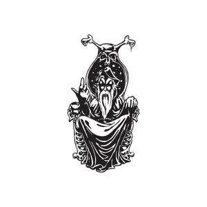 Beckoning evil wizard skull character decal with raised hands, black outline