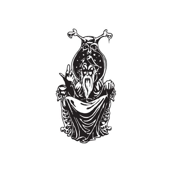 Beckoning evil wizard skull character decal with raised hands, black outline