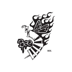 Bee spray paint can decal with black bee graphic, flames and spray burst design