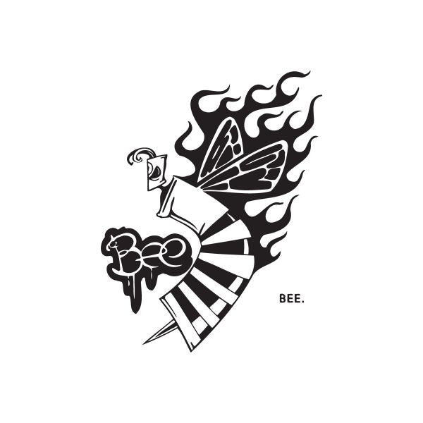 Bee spray paint can decal with black bee graphic, flames and spray burst design