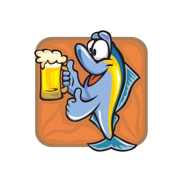 Beer drinking tuna sticker showing cartoon tuna holding a mug of beer