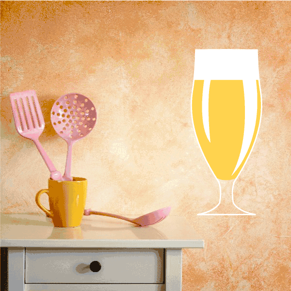 Beer flute glass sticker with yellow fill, white border, and small pink utensil graphics