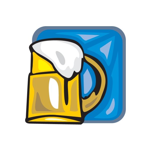 Cartoon beer sticker with yellow mug and white foam, blue background