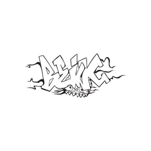 Black graffiti-style wall decal with jagged lettering and flame accents