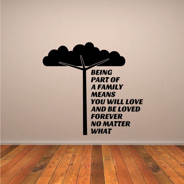 Black family quote wall decal with tree and cloud hearts design