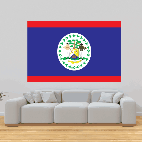 Belize flag sticker, rectangular with coat of arms on blue and red stripes.