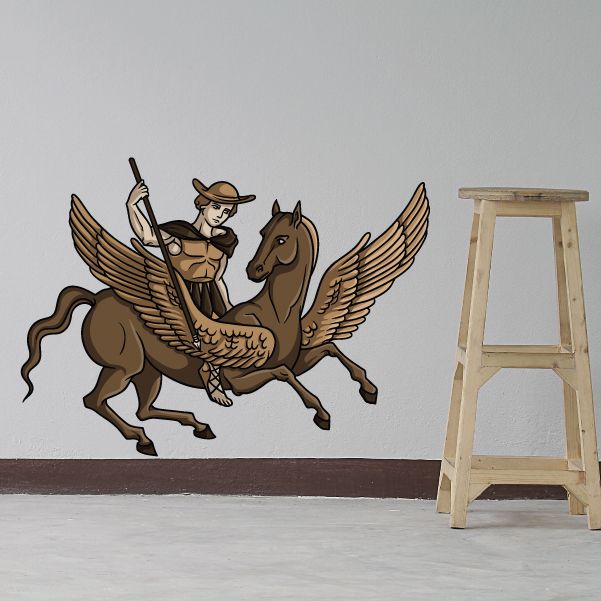Pegasus riding sticker: brown winged horse with rider in hat and saddle