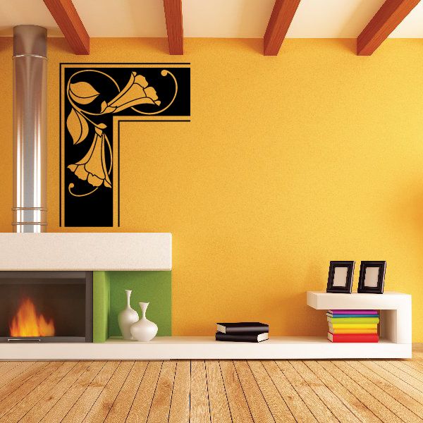 Vinyl flower wall decal, black ornamental corner scroll with gold accents