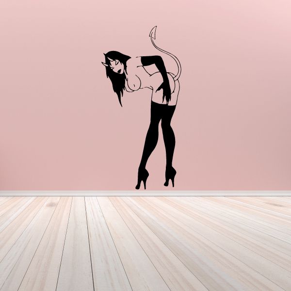Devil girl wall decal, bent-over silhouette with boots
