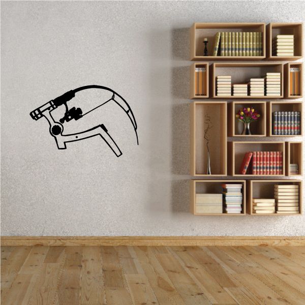 Black fishing rod wall decal with bent rod silhouette and reel