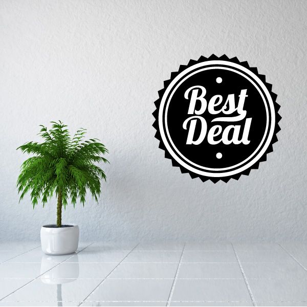 Business badge wall decal, black circle with white "Best Deal" lettering