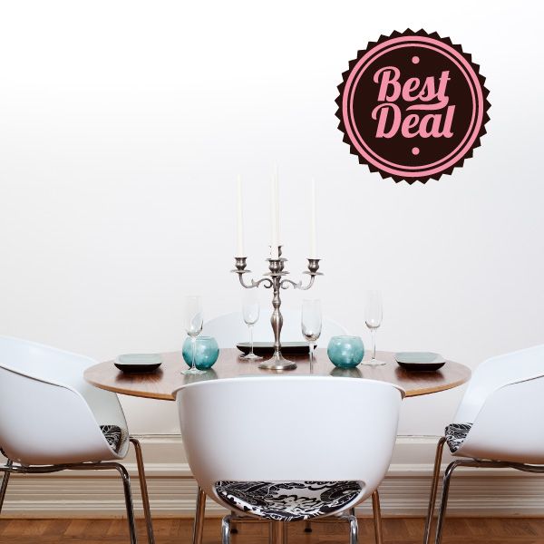 Pink circular wall decal with white script "Best Deal" text