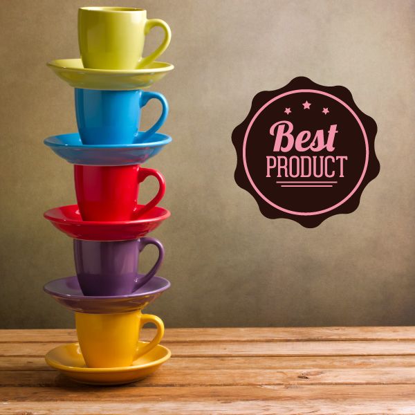 Vinyl badge wall decal, circular black design with pink “Best PRODUCT” text and stars