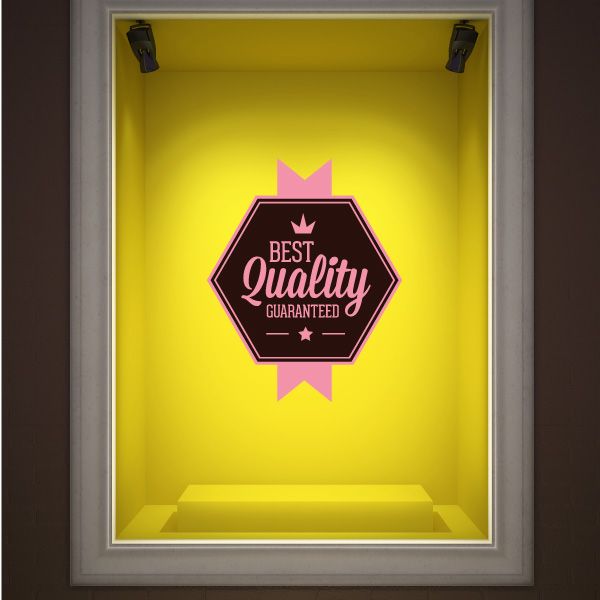 Business badge wall decal: 'Best Quality Guaranteed' in dark purple with pink accents