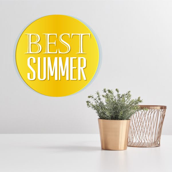 Round yellow vinyl wall decal with white text: BEST SUMMER
