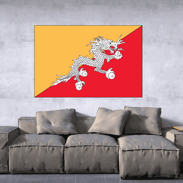 Rectangular Bhutan flag sticker with yellow and red fields, white dragon emblem