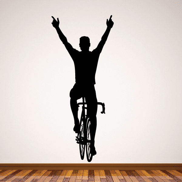 Bicycle race winner wall decal with cyclist silhouette holding arms up