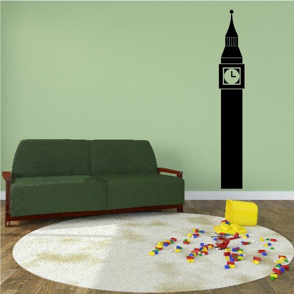 Clock tower wall decal with black tower and light clock face icon
