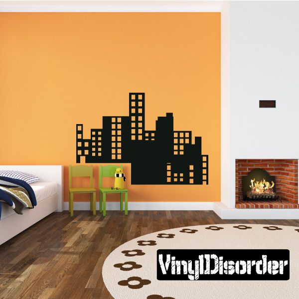Black city skyline wall decal with building window details