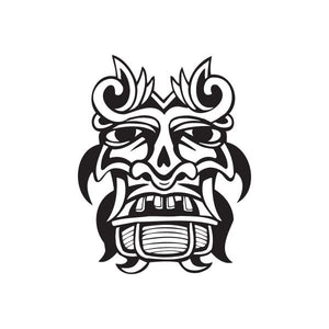 Tiki face decal with tribal mask design, black and white, stylized flames and curls
