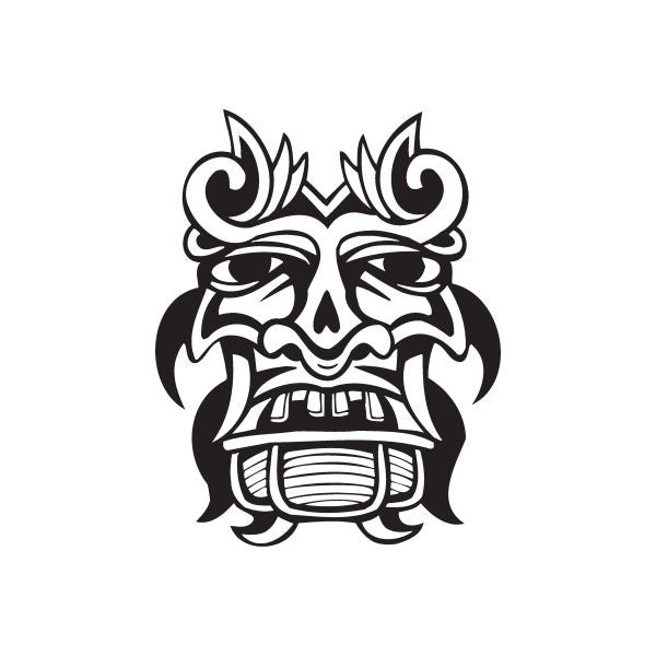 Tiki face decal with tribal mask design, black and white, stylized flames and curls