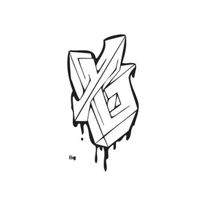 Graffiti text decal with bold black-and-white letter shapes and paint drips