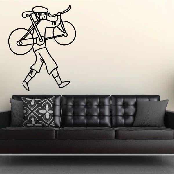 Image of Biker Carrying Bicycle Walking Decal