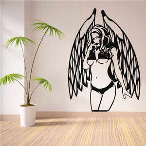 Angel bikini wall decal with black figure, wings, and halo