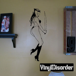 Bikini warrior sword decal, black line art with female figure in heels