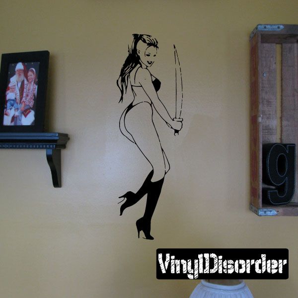 Bikini warrior sword decal, black line art with female figure in heels