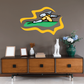 Billiard bunny aiming decal with pool cue, yellow burst and green banner