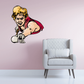 Billiard player sticker: cartoon blond man aiming a pool cue, red shirt, dark shoes