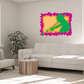Colorful billiard player wall sticker with green player and cue on orange background