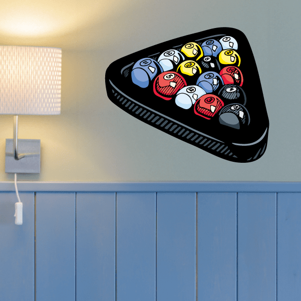 Billiard ball rack sticker with striped and solid balls in an oval on dark