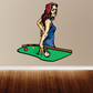 Billiard woman striking ball sticker: cartoon woman in blue dress on green felt mat