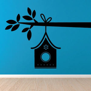 Black bird house wall decal with branch leaves and birdhouse window