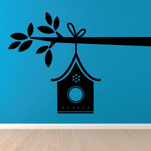 Black bird house wall decal with branch leaves and birdhouse window