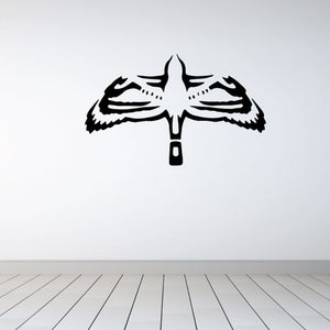 Black bird wall decal with white striping on spread wings