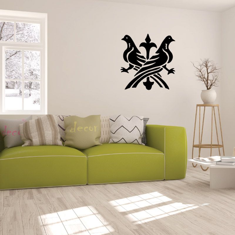 Bird vinyl wall decal with black ornamental bird and scroll design