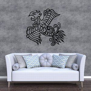 Black ornamental bird vinyl wall decal with winged design