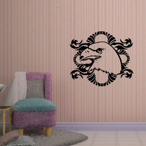 Bird wall decal featuring a black and white stylized bird head with decorative frame