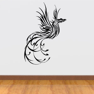 Bird wall decal vinyl sticker, black stylized flying bird with curled feathers.