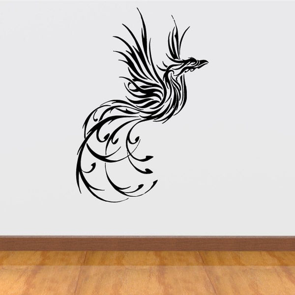 Bird wall decal vinyl sticker, black stylized flying bird with curled feathers.