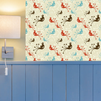 Bird-themed wallpaper with a blue background and intricate patterns