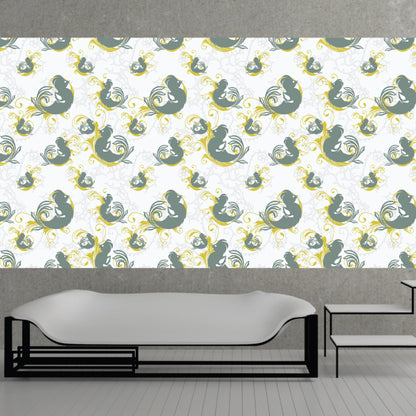 An elegant white sofa set against a Bird Wallpaper with a delicate pattern