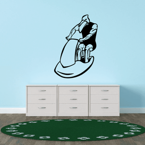 Jet skier decal with cartoon character, black line art figure on light background