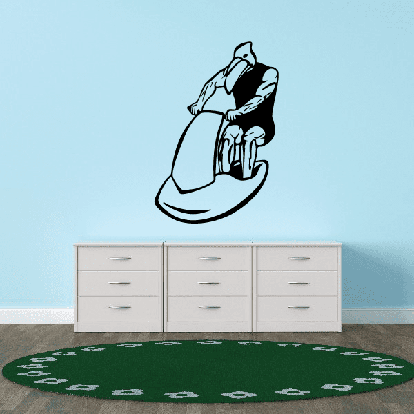 Jet skier decal with cartoon character, black line art figure on light background