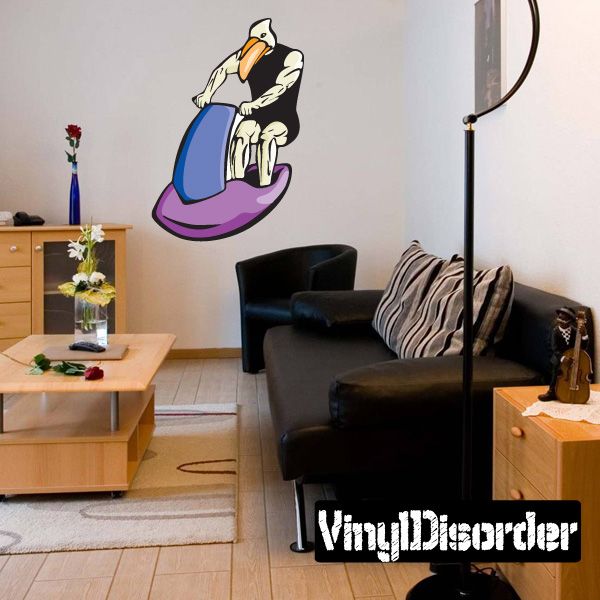 BirdMan jet skier sticker: cartoon bird on blue/purple jet ski, white outline