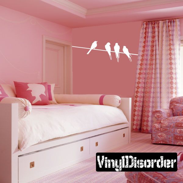 Birds-on-wire wall decal with five dark birds on a thin line