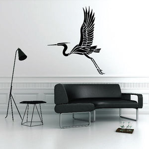Black flying bird wall decal, vinyl crane silhouette with spread wings